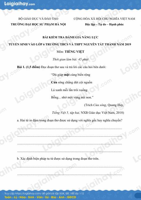Đề thi vào lớp 6 môn Tiếng Việt trường Nguyễn Tất Thành 2019 có đáp án
